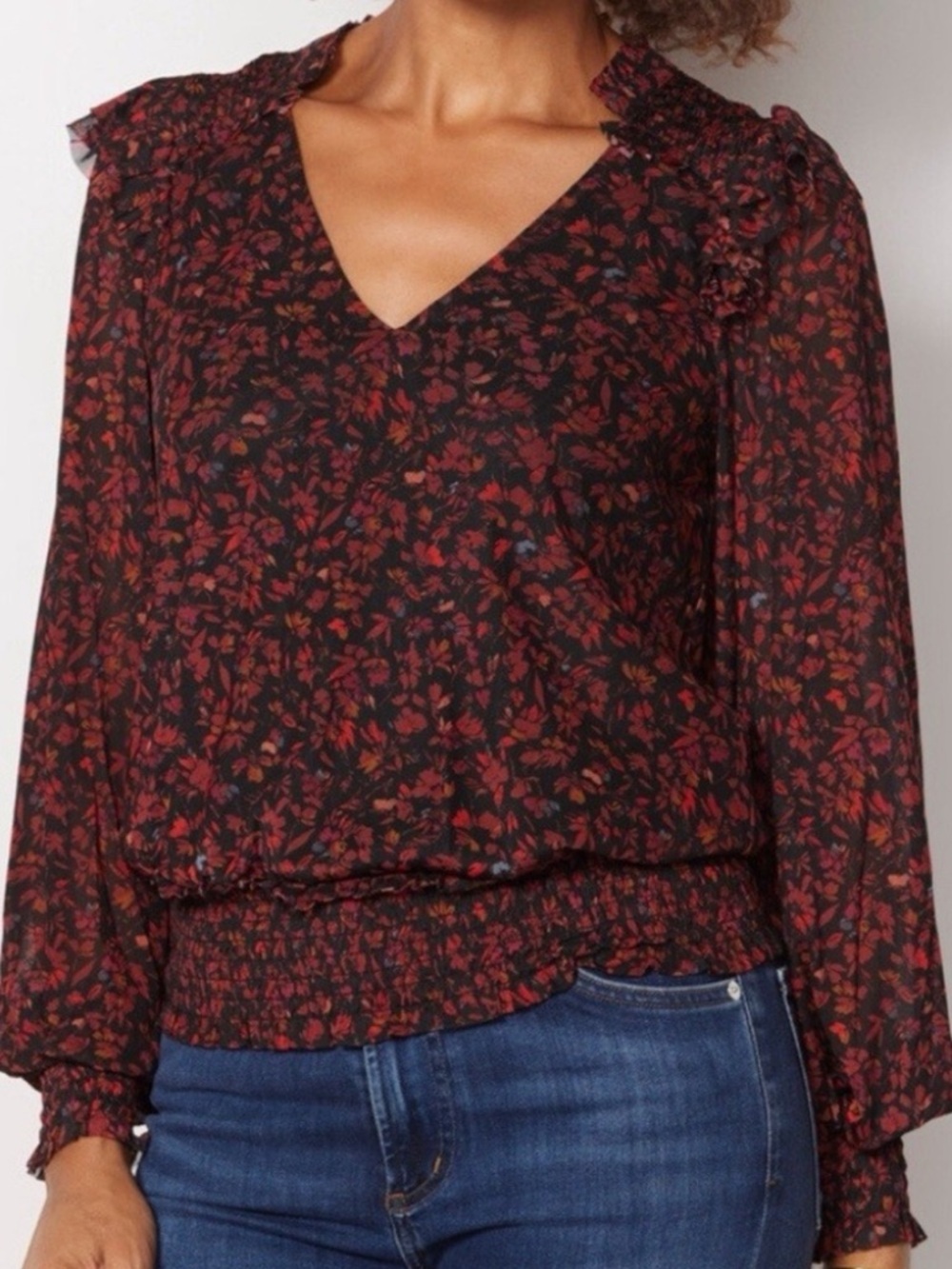 Evereve Koda Floral Smocked Collar V-Neck Long Sleeve Mesh Blouse M - Picture 8 of 8
